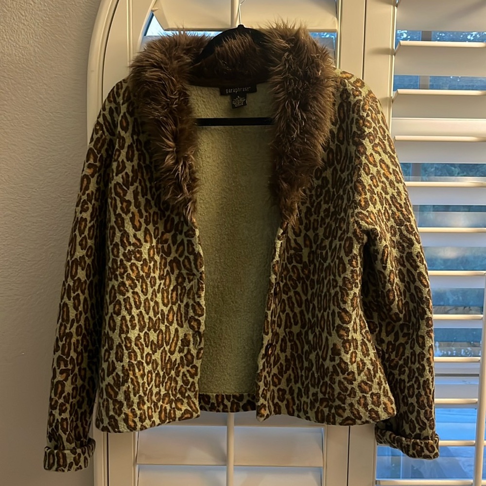 100% WOOL (except faux fur) light green and brown Paraphrase jacket